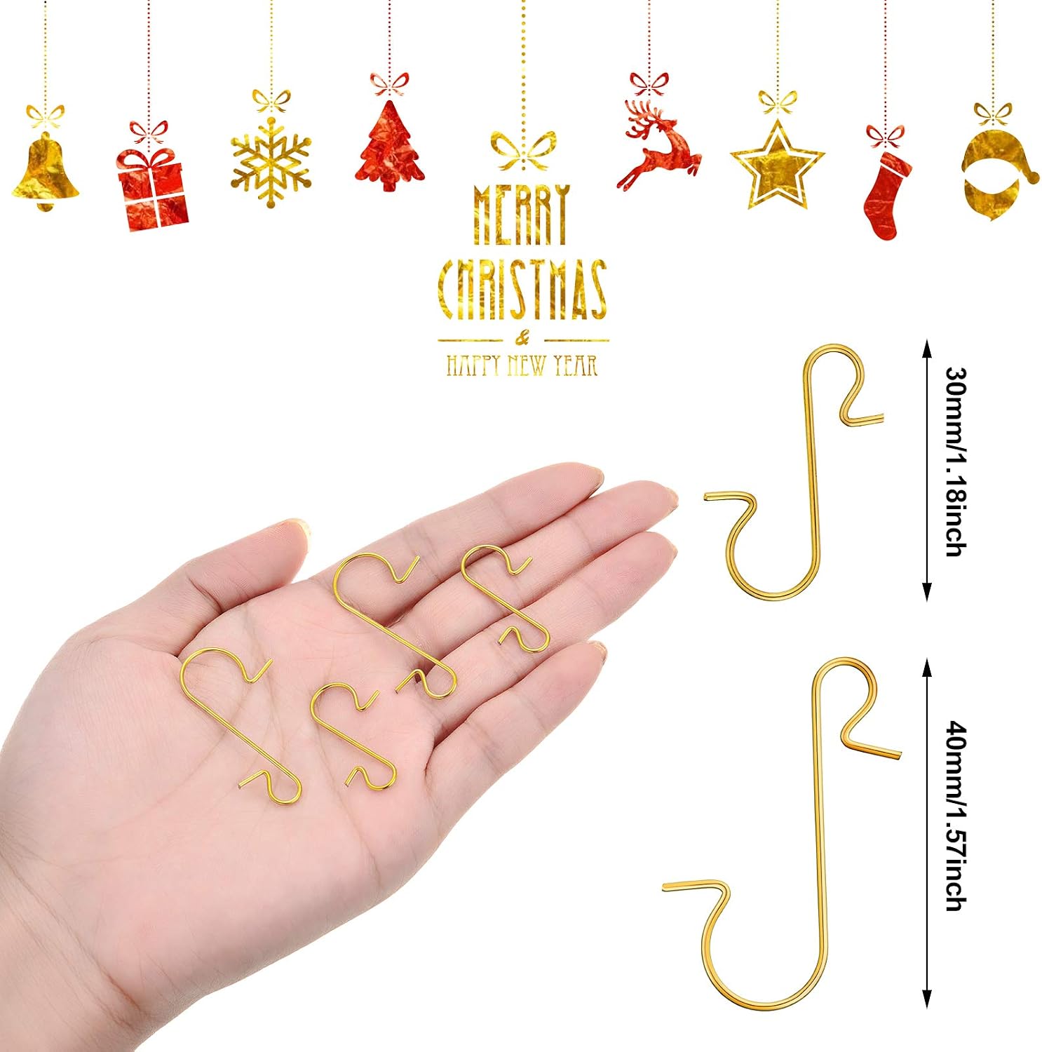 Hotop 200 Pcs Gold Ornament Hooks Christmas Ornament Hangers, 1.18'', 1.57'' Christmas Tree Metal Wire Hooks with Storage Box for Xmas Tree Decorations Hanging