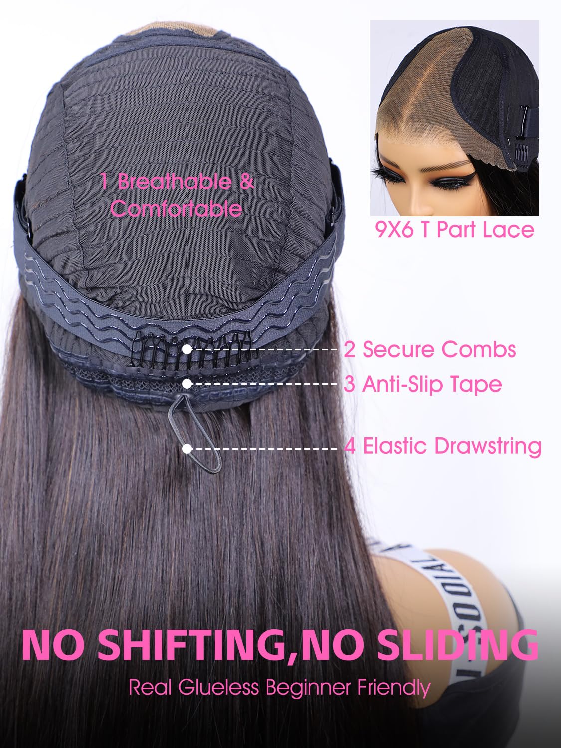 ORIGINAL QUEEN Straight Wear Go Glueless Wigs Human Hair Upgrade 9x6 T-Part Pre Cut Lace Straight Wig Pre-Plucked Flip Over Beginner Friendly with Drawstring 180% Density 24 Inch