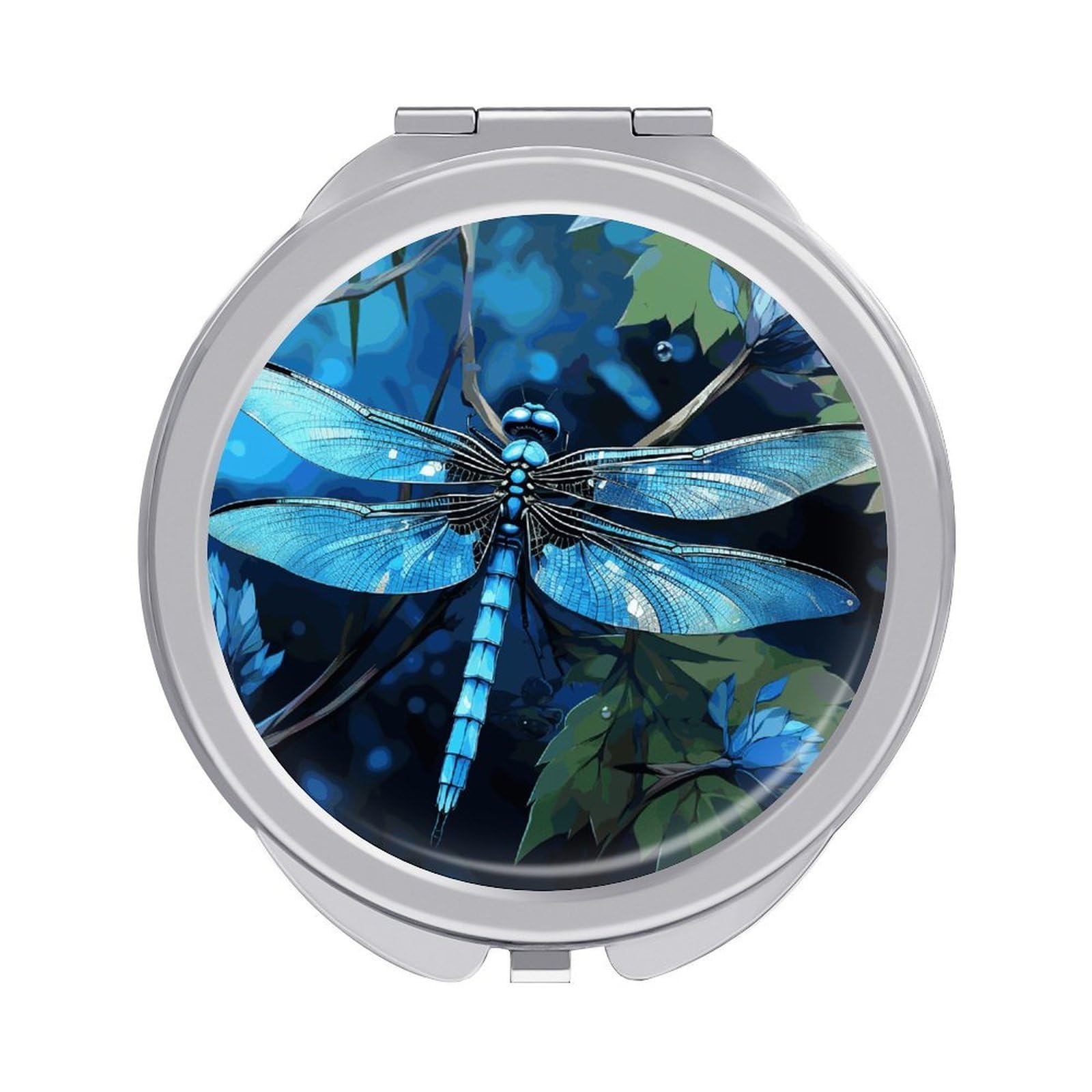 JTREHY Art Blue Dragonfly Makeup Mirror Silver Mirror Surface Folding Makeups Mirrors Lightweight Durable Looking Glass for Suitable Traveling Handbag and Purses
