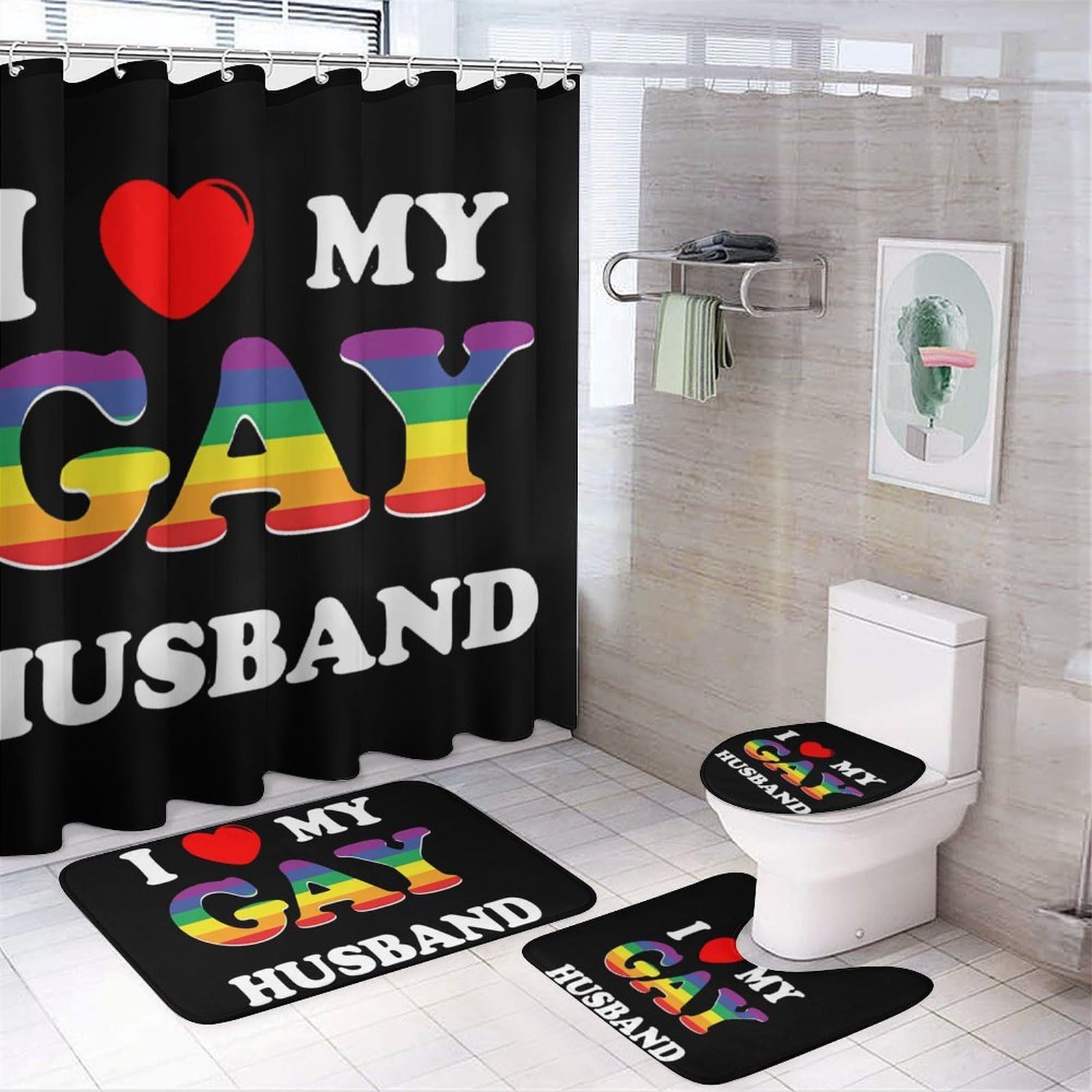 CGSBNGHA I Love My Gay Husband Shower Curtain Set 4 Piece Bathroom Sets with Rugs Toilet Lid Cover And U-Shaped Floor Mat