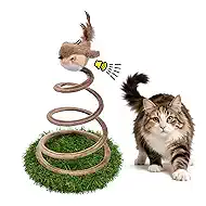Interactive Cat Toy for Indoor Cats, Chirping Bird Cat Toy with Green Turf Base, Flying Bird Cat Toy with Real Bird Sound and Feather Tail, Cats Exercise & Kicker to Self Play
