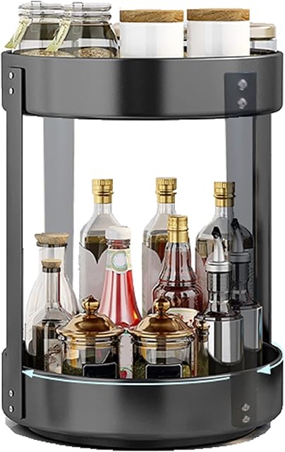 Fineget Rotating Spice Rack Organizer for Cabinet Kitchen 2 Tier Large Metal lazy Susan Spinning Turntable Tiered Vertical Storage Rack Self Black