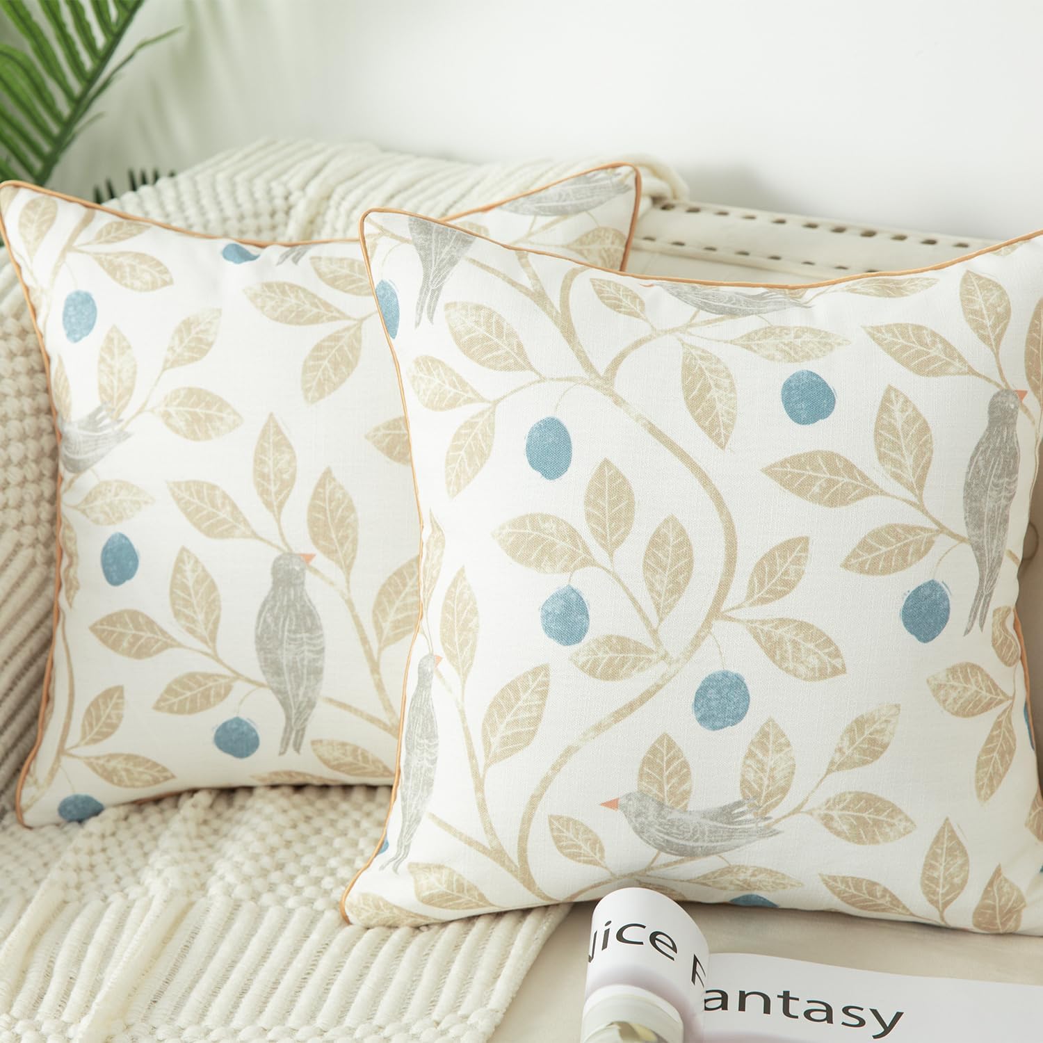 VOGOL Pack of 2 Linen Textured Throw Pillow Covers, 20 x 20 Inches Modern Rustic Decorative Farmhouse Throw Pillowcase, Beige Birds & Leaves Cushion Covers for Sofa Couch Bed