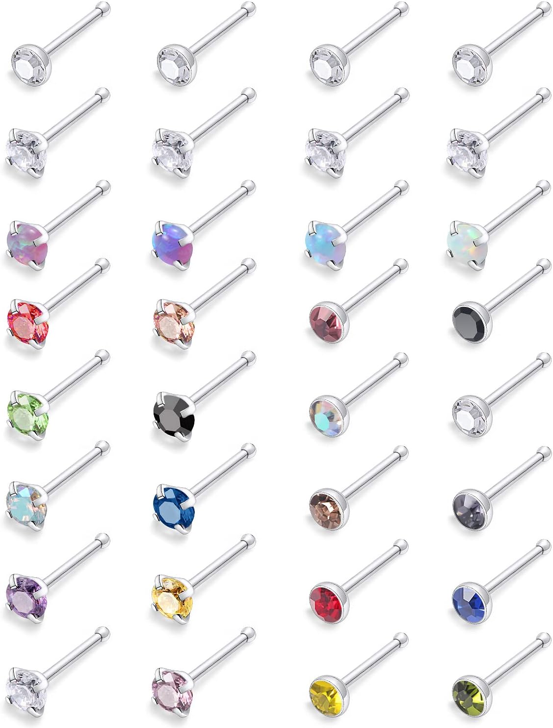 22/20/18g Thin Nose Rings Studs Piercings for Women Men 2mm Gems Straight/L Bars Nostril Jewelry Hypoallergenic Surgical Stainless Steel