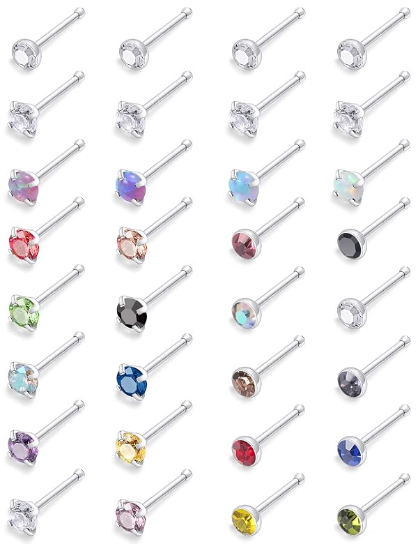 Leiainely 18g 18 g Gauge Nose Rings Studs Piercings for Women Men 2mm Gems Straight Bone Bars Shaped Nostril Jewelry Hypoallergenic Surgical Stainless Silver Steel by Leiainely - Used condition - US$6.62