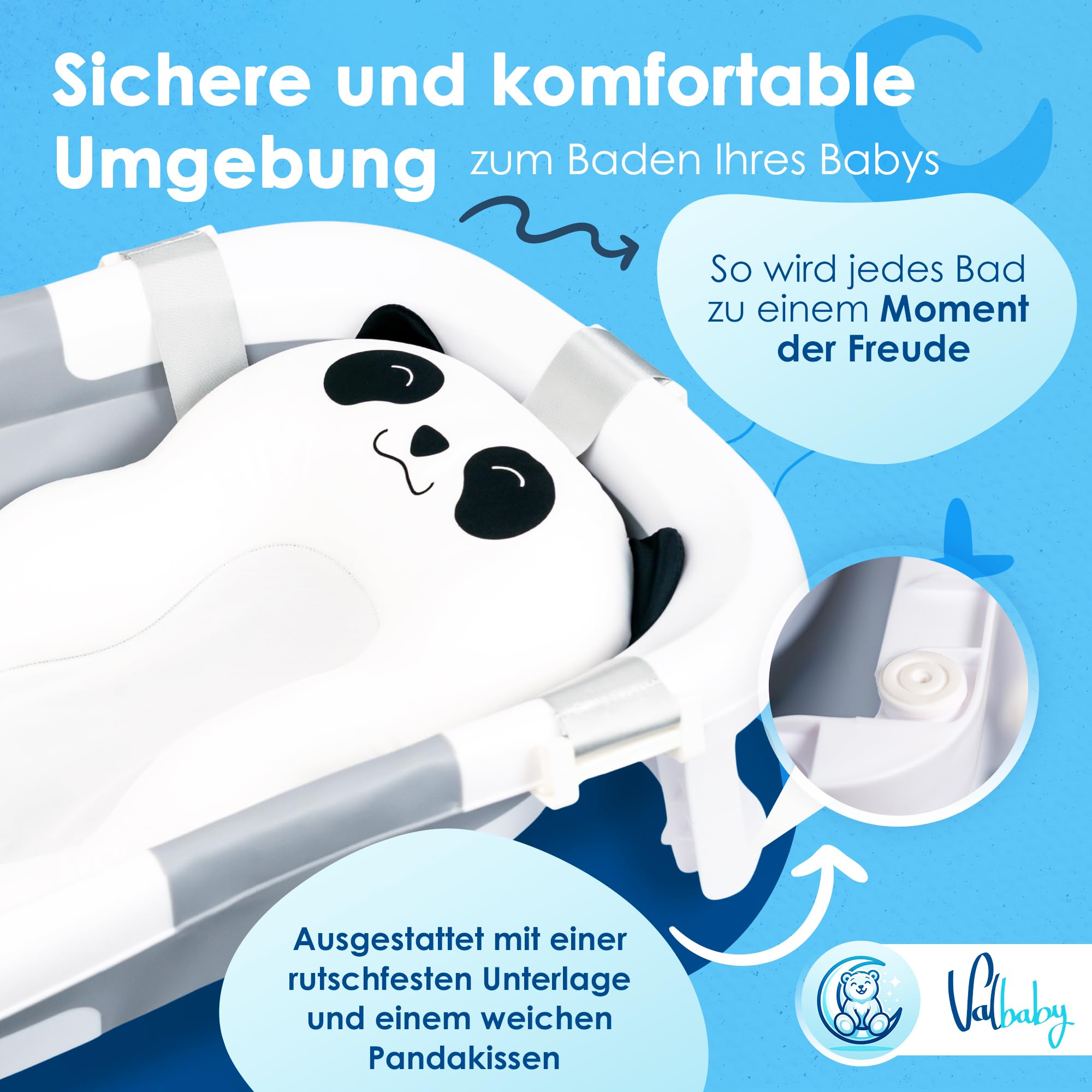 VALBABY Składana wanienka dla niemowląt z ergonomiczną antypoślizgową poduszką, przenośna i kompaktowa, łatwa do czyszczenia, dla dzieci w wieku 0-3 lat, bezpieczna i wszechstronna wanienka dla