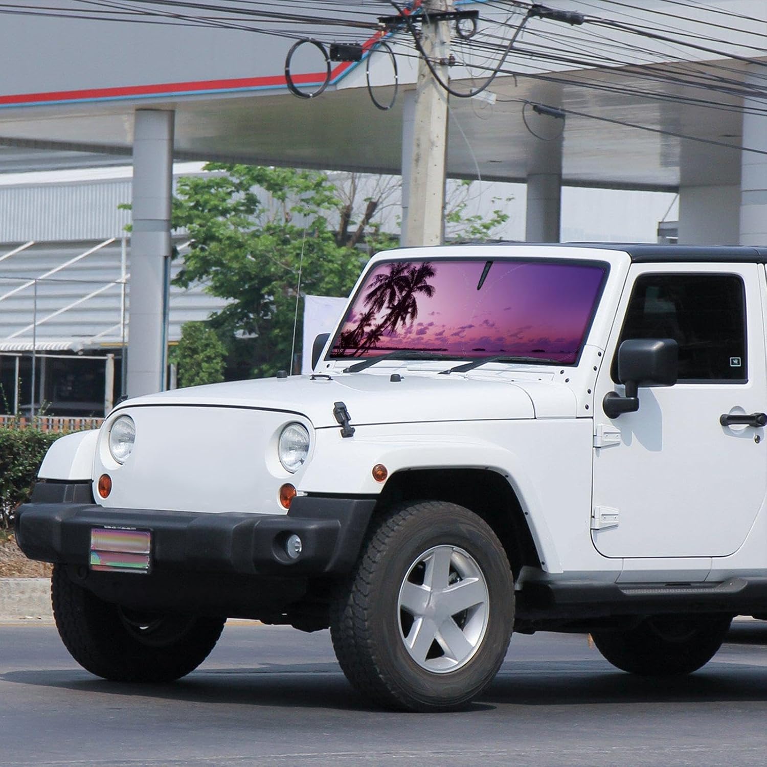 DaisyInner Windshield Sun Shade Compatible with Jeep Jk Jku Jl Jlu 1997-2023 and Compatible with Gladiator Jt 2020-2023 Foldable Windshield Sunvisor Blocks UV Rays (Sunset, 16.5" x 52.5")
