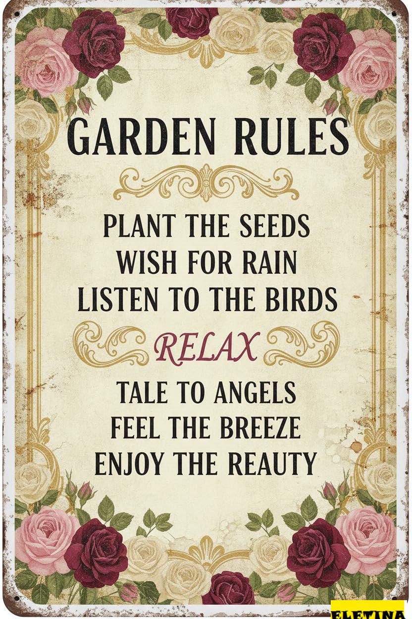 Tin Sign for Man Cave Vintage Garden Rules - 8x12 Inches Decorative Outdoor Use, Perfect Home, Patio, Porch, Backyard, And Garden Decor Private Property