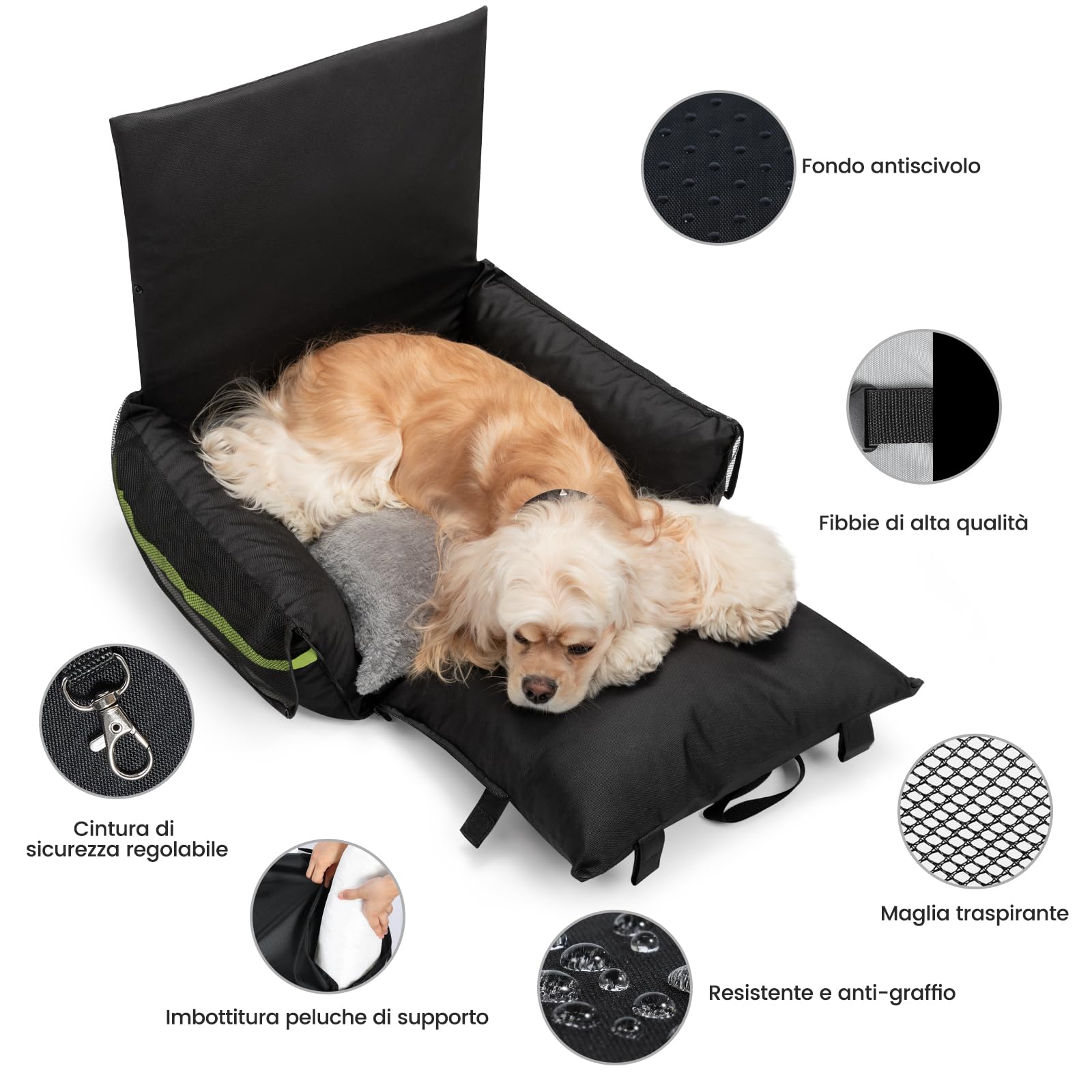 Gardner Pet Seggiolino Auto per Cani, Rialzo per Piccoli/Medi Cani, Letto per Auto con Guinzaglio di Sicurezza Staccabile, Tasche Portaoggetti, Imbottitura in Memory Foam Rinforzata, Blu scuro