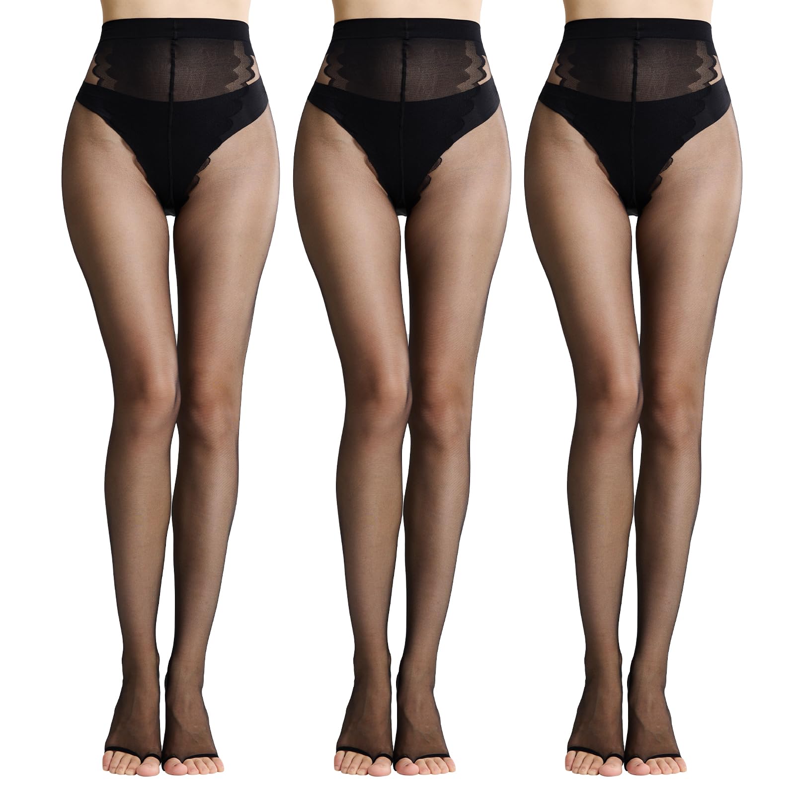MANZI Ultra Sheer Open Toe Tights Matt Toeless Pantyhouse for Women 10D 3 Pairs Black XL