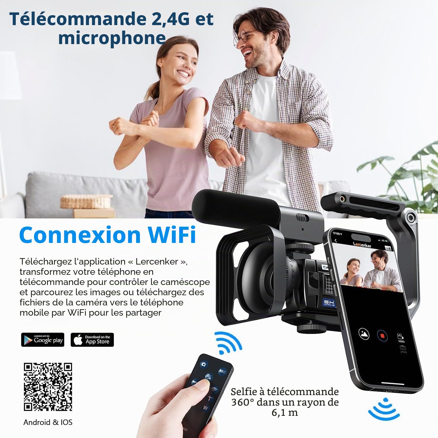 Caméra vidéo 5K 56MP Caméscope Vlogging Caméra YouTube, WiFi Vision nocturne 3" Écran tactile rotatif à 270° Video Camera avec carte 64 Go, microphone, stabilisateur, télécommande, 2 piles, trépied