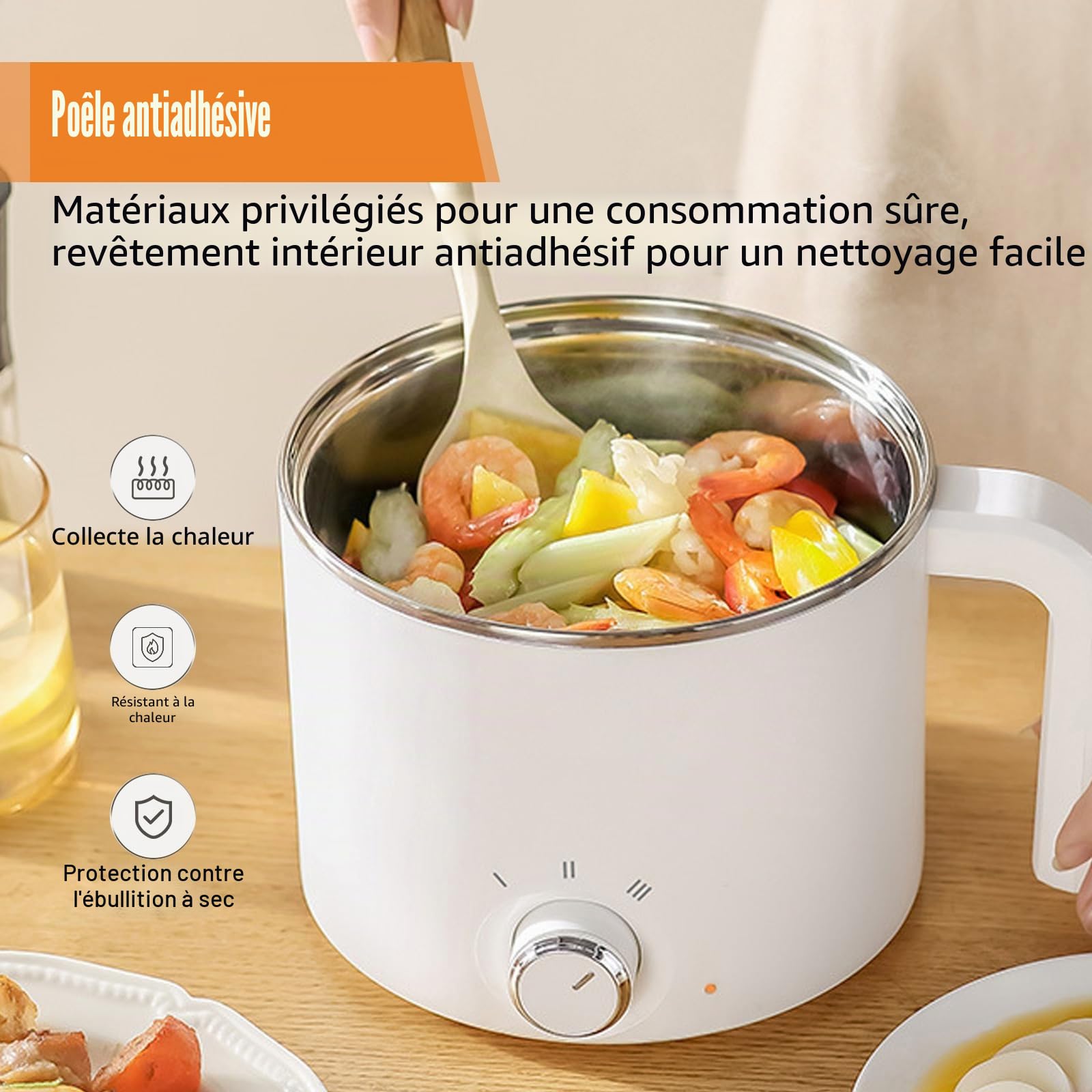 Hot Pot électrique de 1,7 l avec cuiseur vapeur, poêle électrique portable, mini casserole antiadhésive, multi-usages avec deux niveaux de puissance réglables, pour la maison, le bureau, le dortoir