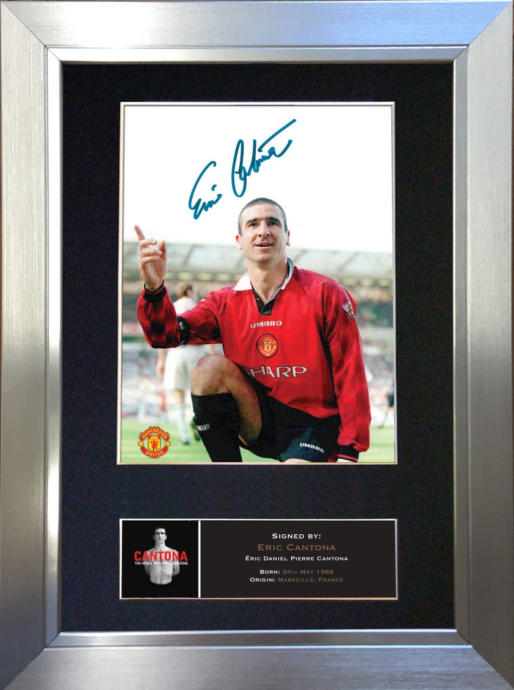 The Autograph Collector Gold,Silver,Black Eric Cantona Man U Signed Autograph Mounted Photo Reproduction Print A4 Rare (297 X 210Mm) #488 (Silver Frame)