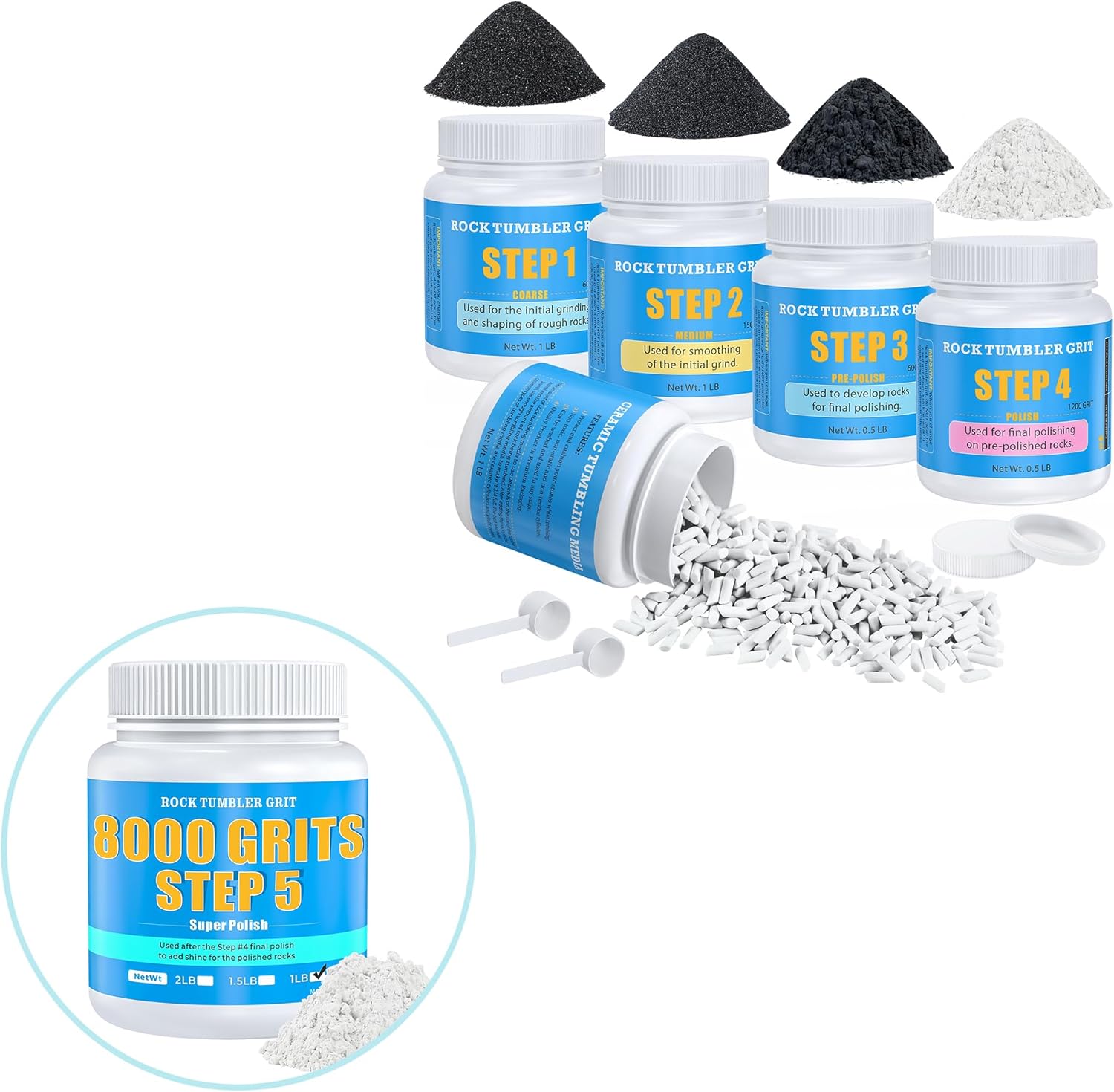 Rock Tumbling Grit & Polish Bundle – 4-Step Rock Tumbling Grits & Ceramic Media Kit + 8000 Grit Aluminum Oxide Polish, Step 5 Ultra-Fine High Gloss Finishing Refill for Rocks, Gems & Glass