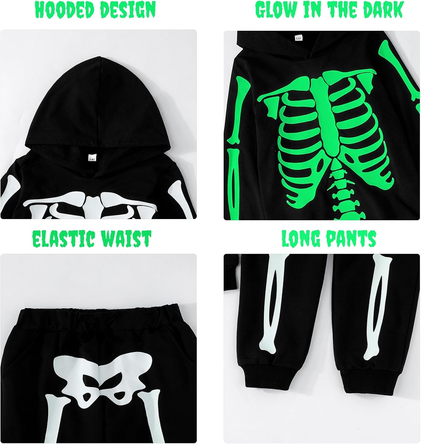 2-8 Years Toddle Boys Girls Halloween Skeleton Hoodie Sweatsuit Pants Set Glow in The Dark Halloween Skull Outfits