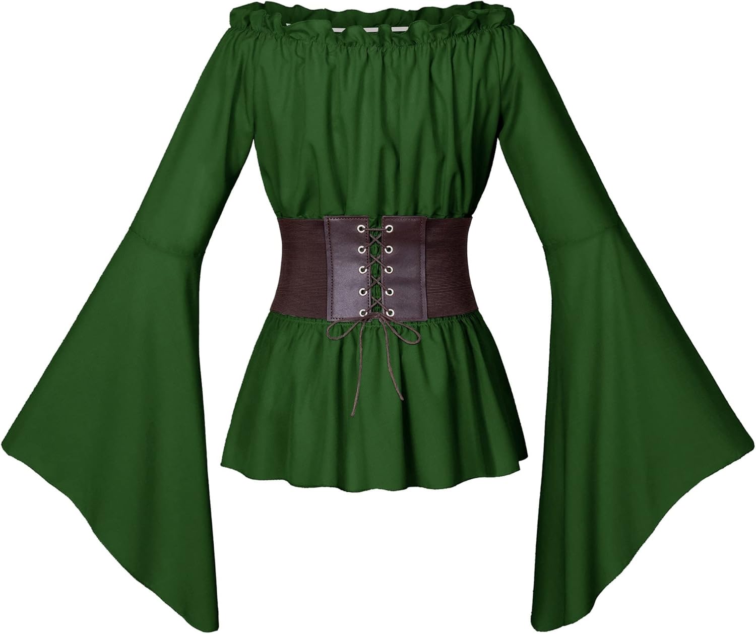 Womens Renaissance Victorian Peasant Ruffle Smocked Waist Boho Pirate Shirt Blouse with Belt Set - Image 4