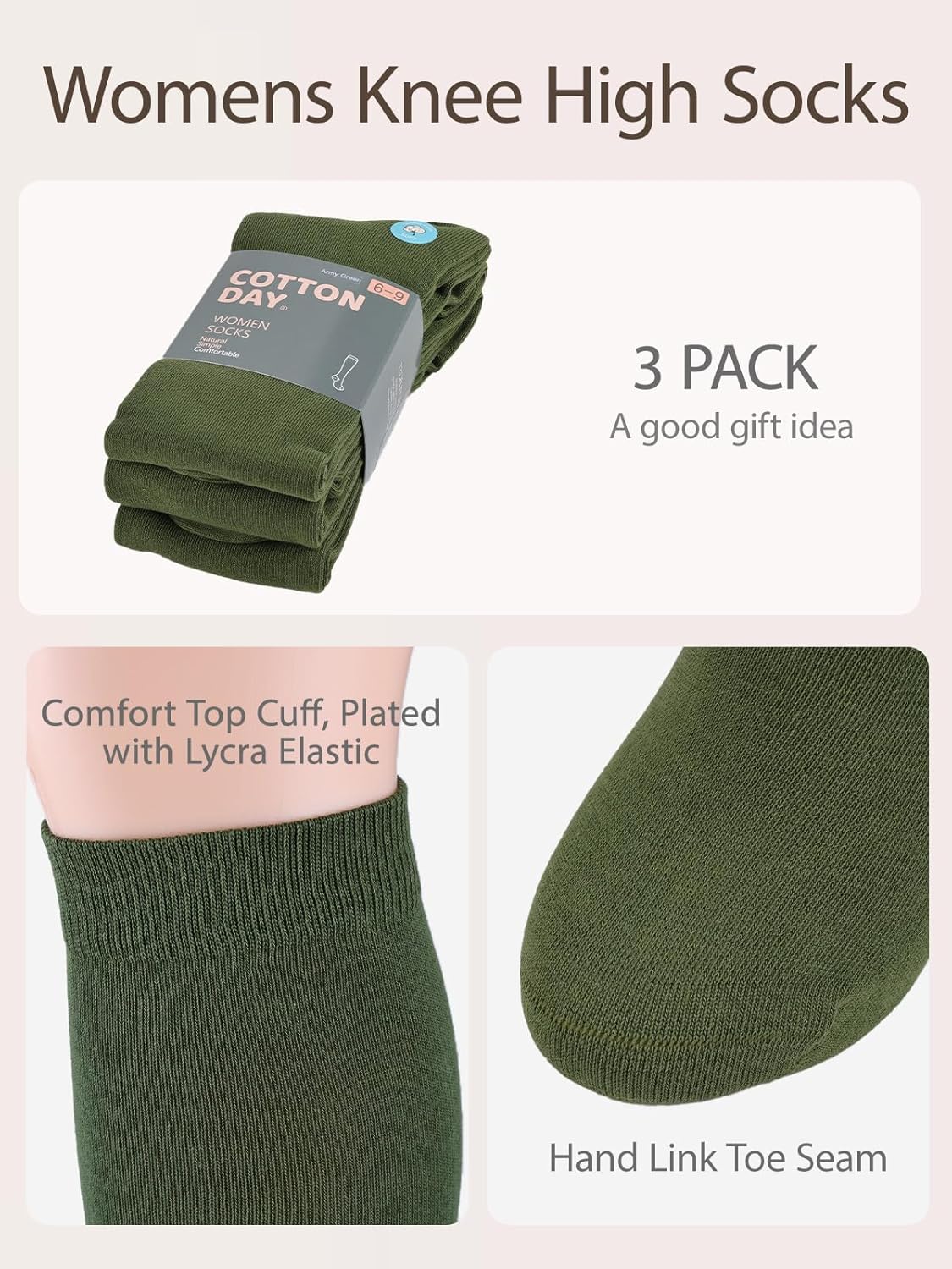 COTTON DAY Women's Soft Combed Cotton Knee High Long Calf Dress Socks Seamless Toe Black White Gray Navy Blue Brown - Image 4