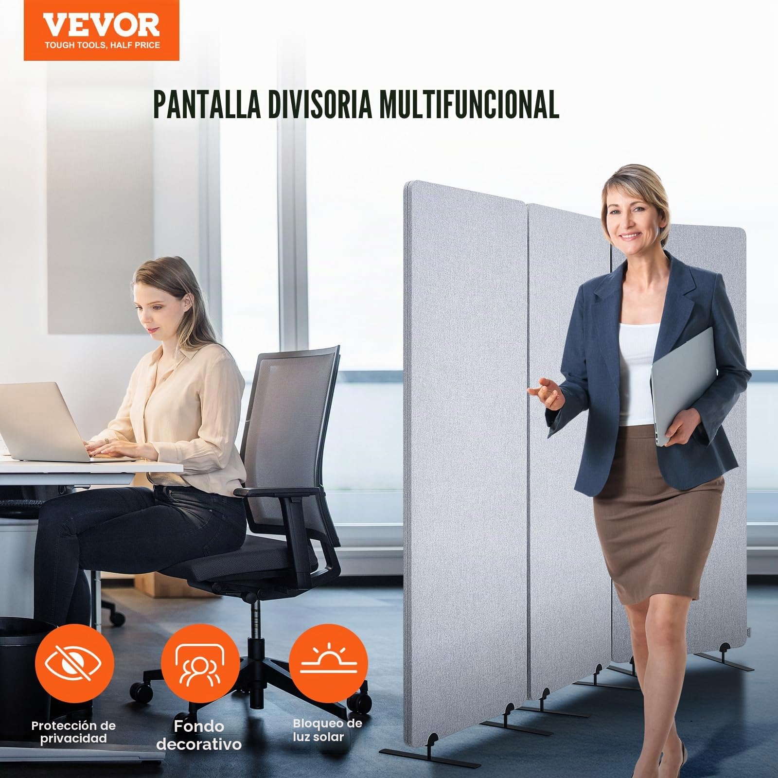 VEVOR Biombo Separador de Ambientes de 1840 x 350 x 1655 mm, Divisor Plegable de 3 Paneles de Poliéster Pet Insonorizado Mamparas Divisorias Independientes de Privacidad para Estudio de Oficina, Gris