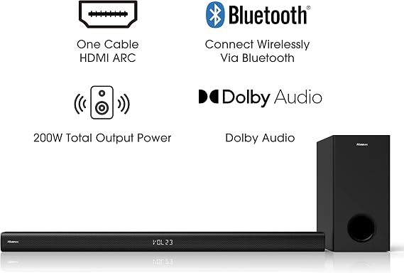 Hisense HS218 2.1ch Sound Bar with Wireless Subwoofer, 200W, Powered by Dolby Audio, Bluetooth, HDMI ARC/Optical/AUX/USB, 3EQ Modes, Black