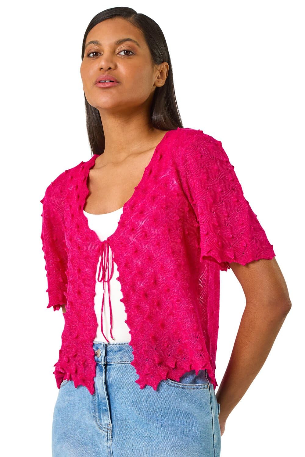 Roman Originals Women's Cerise Textured Tie Front Shrug For Uk - Everyday Holiday Spring Summer V-Neckline Comfy Soft Evening Vacation Work Party - Size 14