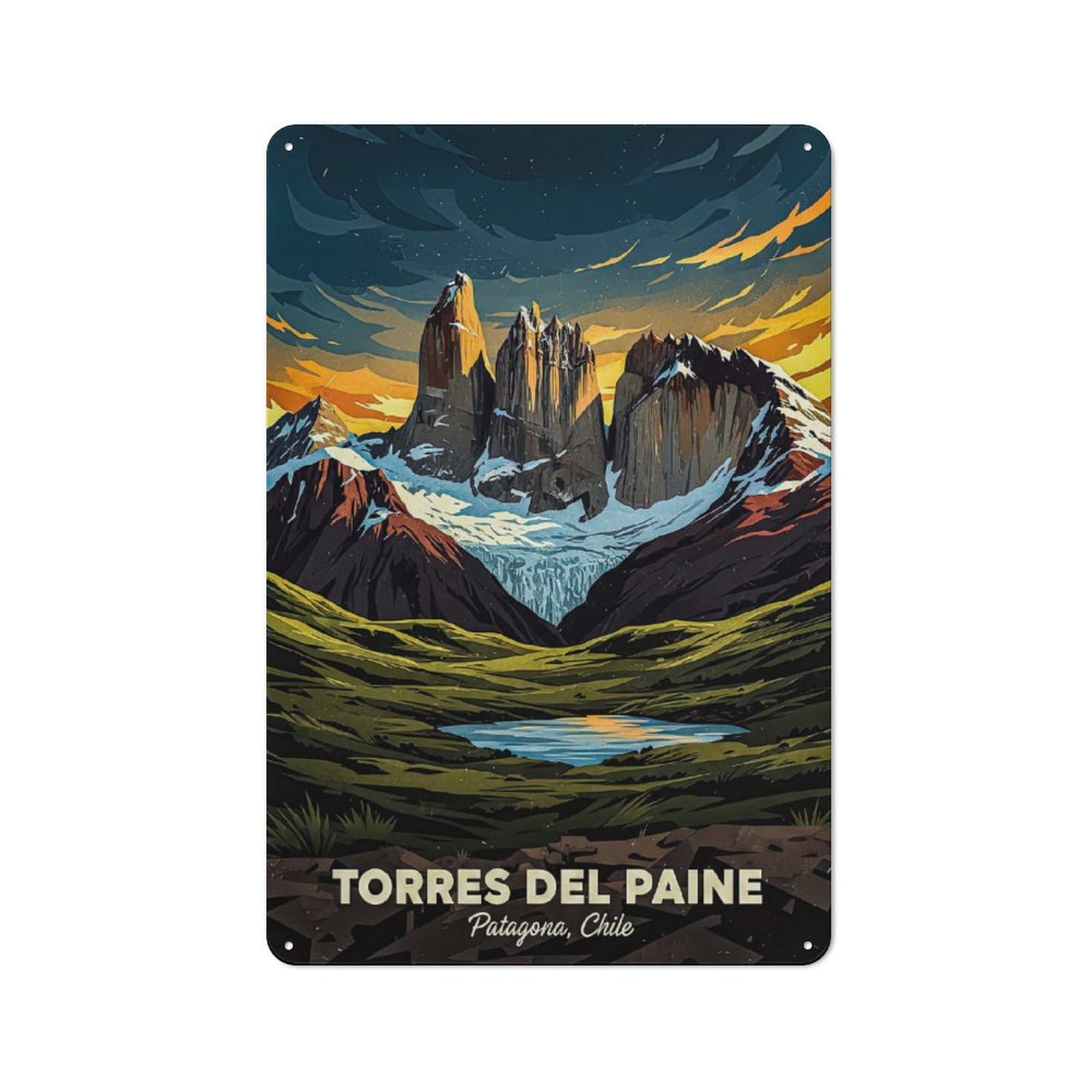 Junmoney Style-9 Vintage Torres Del Paine Patagonia Chile Metal Wall Art Sign 30X20cm, Old Style Wall Plaque For Bedroom, Office, Home Bar Or Dining Room