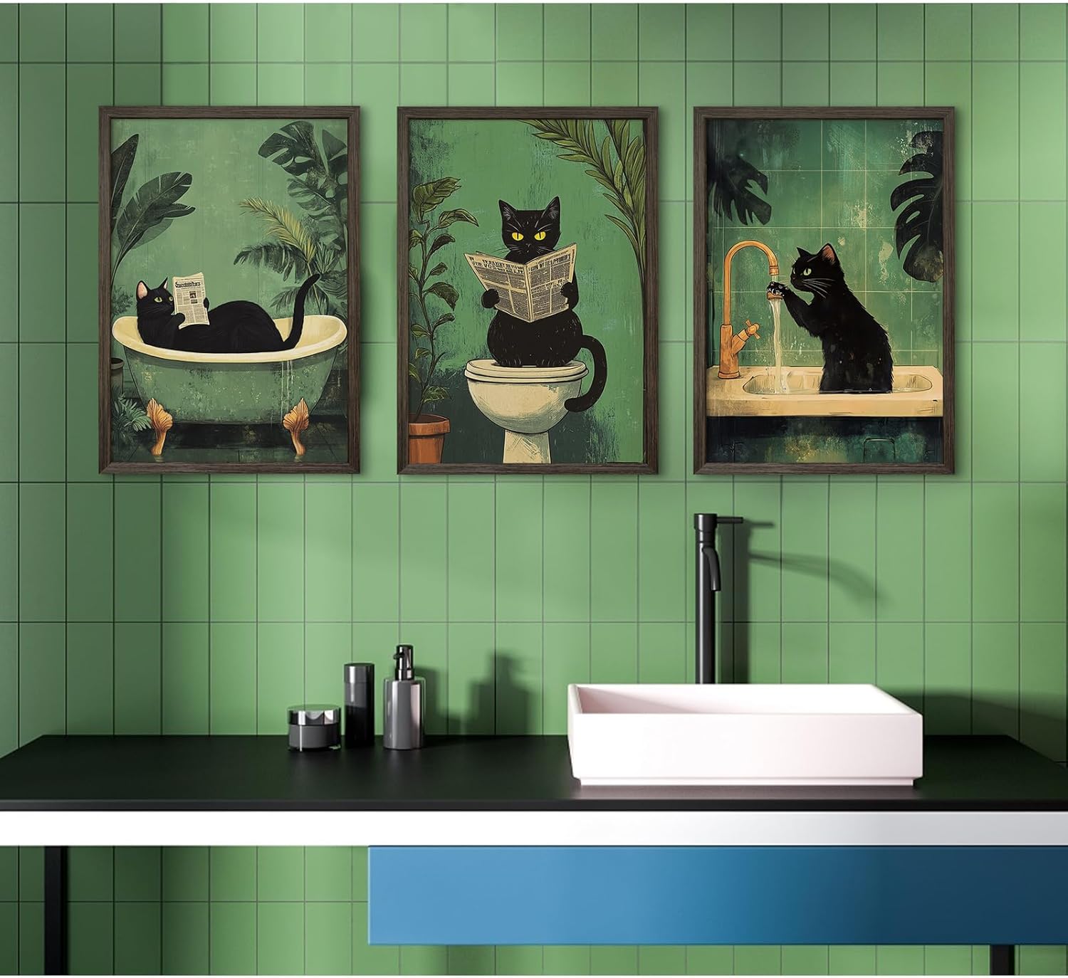 Cat Bathroom Wall Art Funny Canvas Wall Decor Black Cat Pictures Cute Prints Funny Bathroom Poster Green Toilet Art Vintage Painting Artwork Cute Posters for Toilet Washroom 12x16x3 Inch Framed