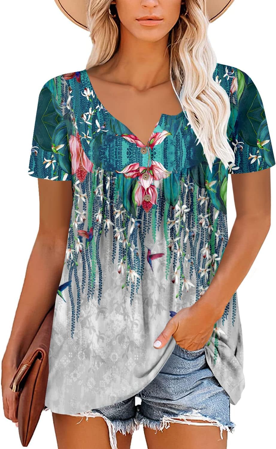 ROSELINLIN Women's Short Sleeve Shirts Floral Summer Tops Loose Fit for Leggings - Image 2