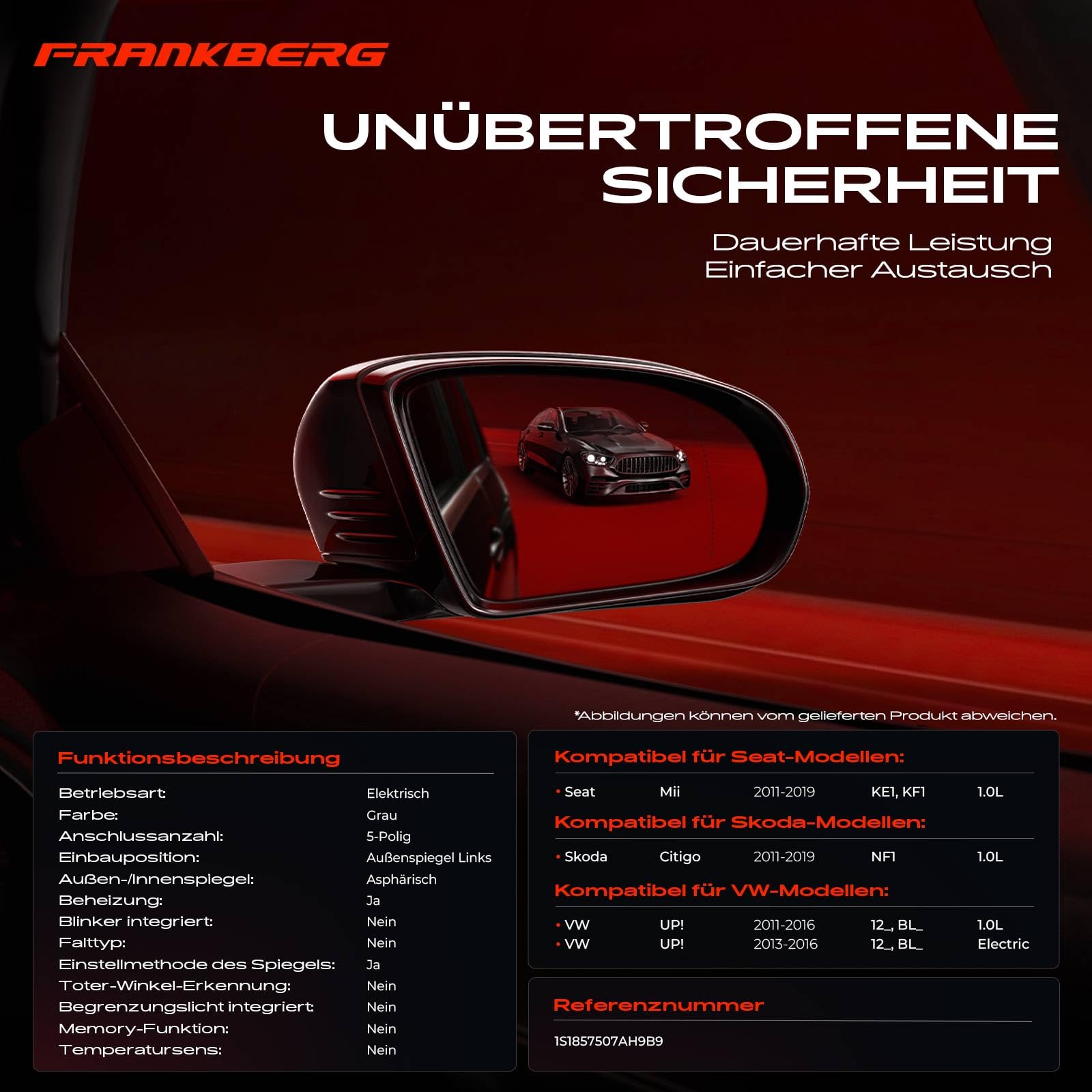Frankberg Specchietto retrovisore esterno elettrico sinistro | 1S1857507AH9B9, 5 pin, &-Riscaldato; Compatibile con: Mii KE1 KF1, SU! 121 122 123 BL1 BL2 BL3, Citigo NF1