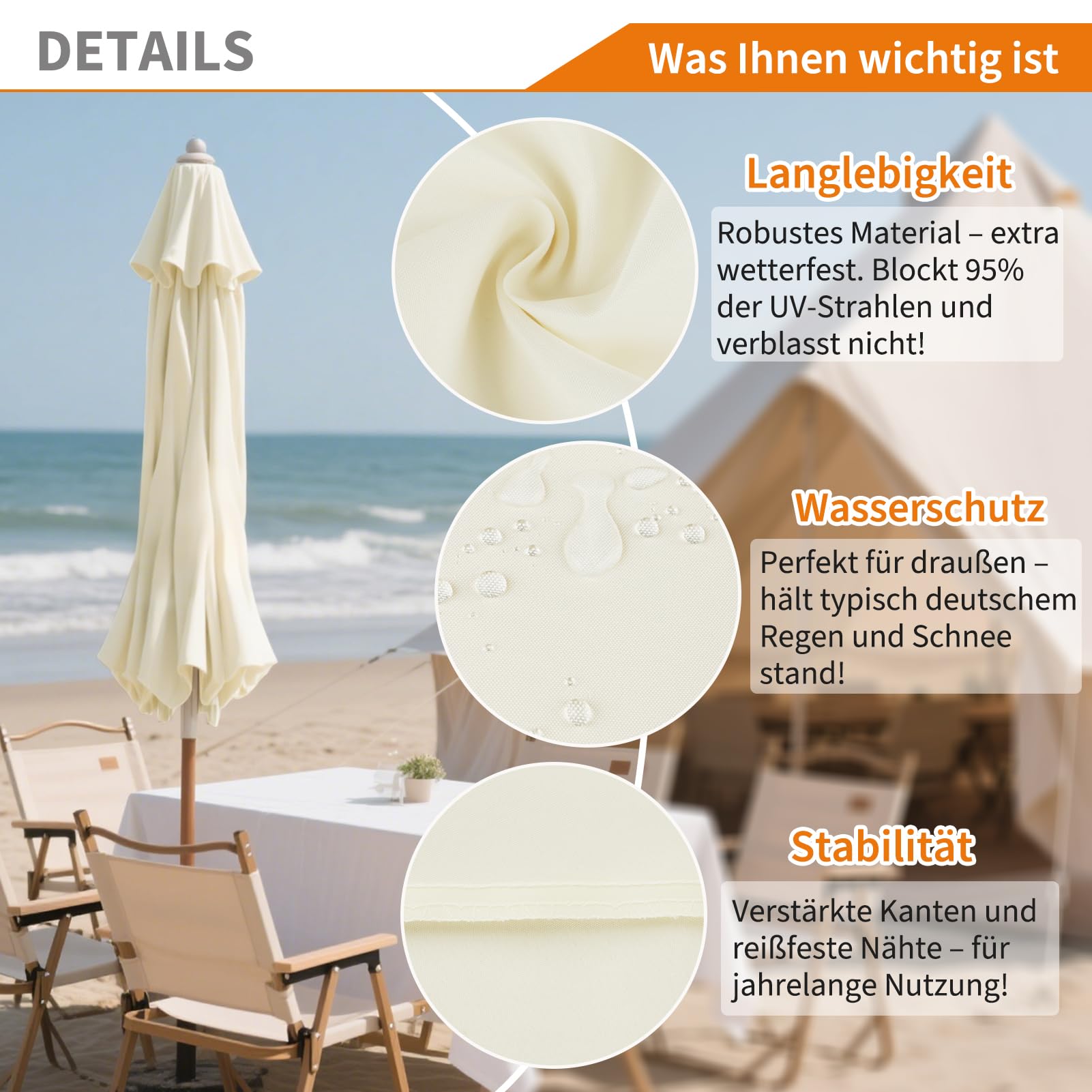 Sonnenschirm Ersatzbezug 3m Durchmesser, 8 Streben, Beige | UV-Schutz & Strapazierfähig, Sonnenschirm Bezug, Gartenschirm Ampelschirm Ersatz Stoffbezug für Hof, Garten, Strand und Pool