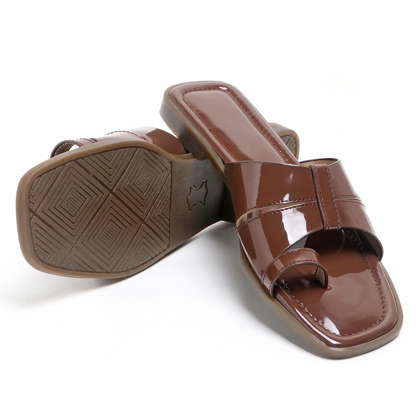 Women's Glossy Brown Toe Ring Flats | Patent Leather Slip-On Ethnic & Casual Sandals | Soft Cushioned Open Toe Slides for Daily Wear-image-3