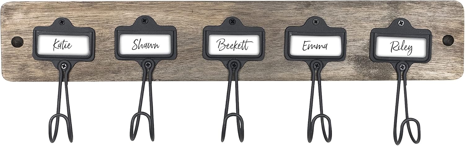 Spectrum Vintage Living 5 Hook Coat Rack Wall Mount with Nameplates for Easy Organization of Coats Jackets Backpacks & More, Wall Mounted Sturdy Rack Storage, Aged Gray Wood Industrial Gray Hooks