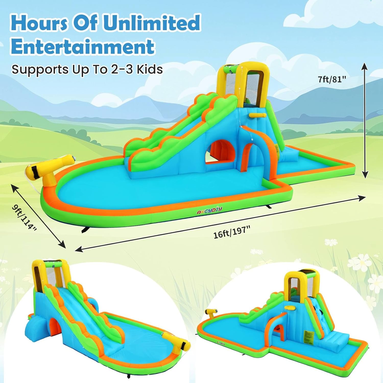 AKEYDIY Water Slide Inflatable Water Bounce House Park for Kids Backyard Outdoor Fun with Blower, Blow up Water Slide Castle w/Climbing Wall, Long Slide, Pool, Water Gun, Basketball Hoop & Tunnel