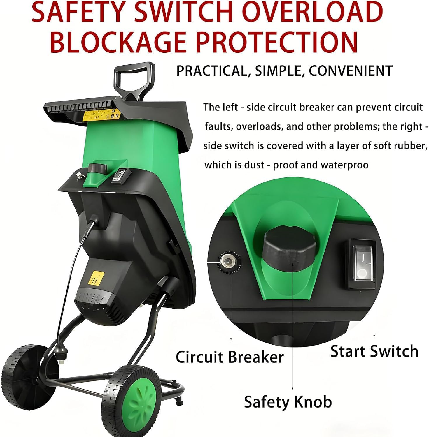 Broyeur de branches électrique, outil de jardin de 2400 W avec roues, broyeur à 4500 tr/min, sac de 50 L les déchets de jardin