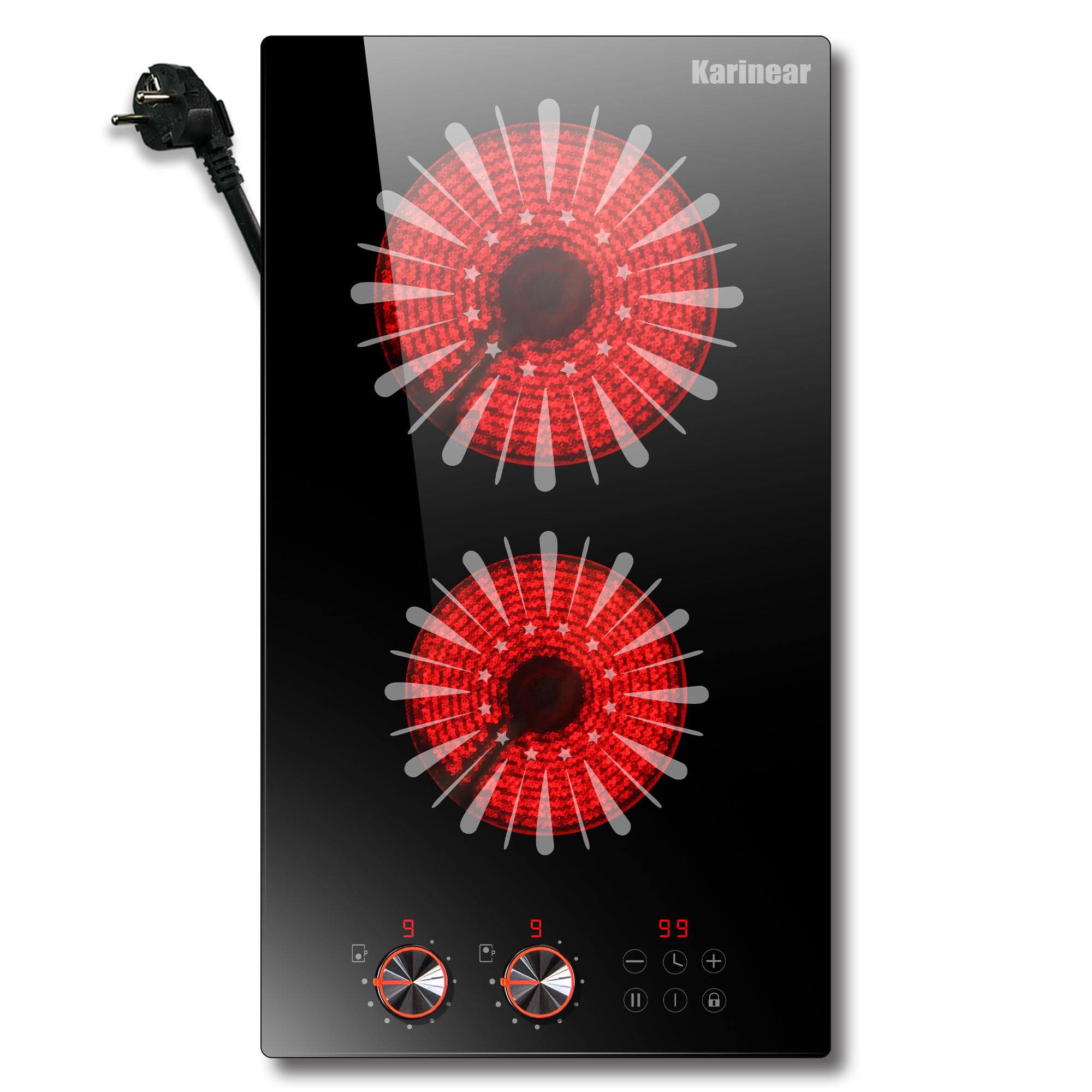 Karinear Placa vitrocerámica 2 fuegos portatil, 60 cm, Encastrada, Con control táctil y botón temporizador, Bloqueo niños, Pausa, 220 V - 240 V, 3000 W, Con enchufe