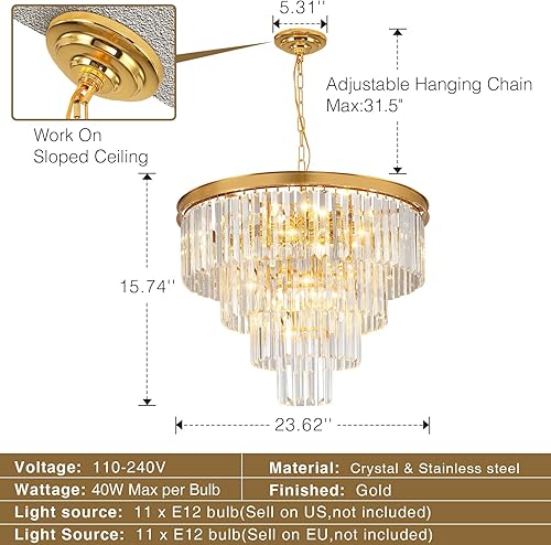 Miniatura 6 de Candelabros modernos de cristal con luz, 11 luces de iluminación Chanderlier de cristal dorado, luces colgantes de 4 niveles para comedor, sala de