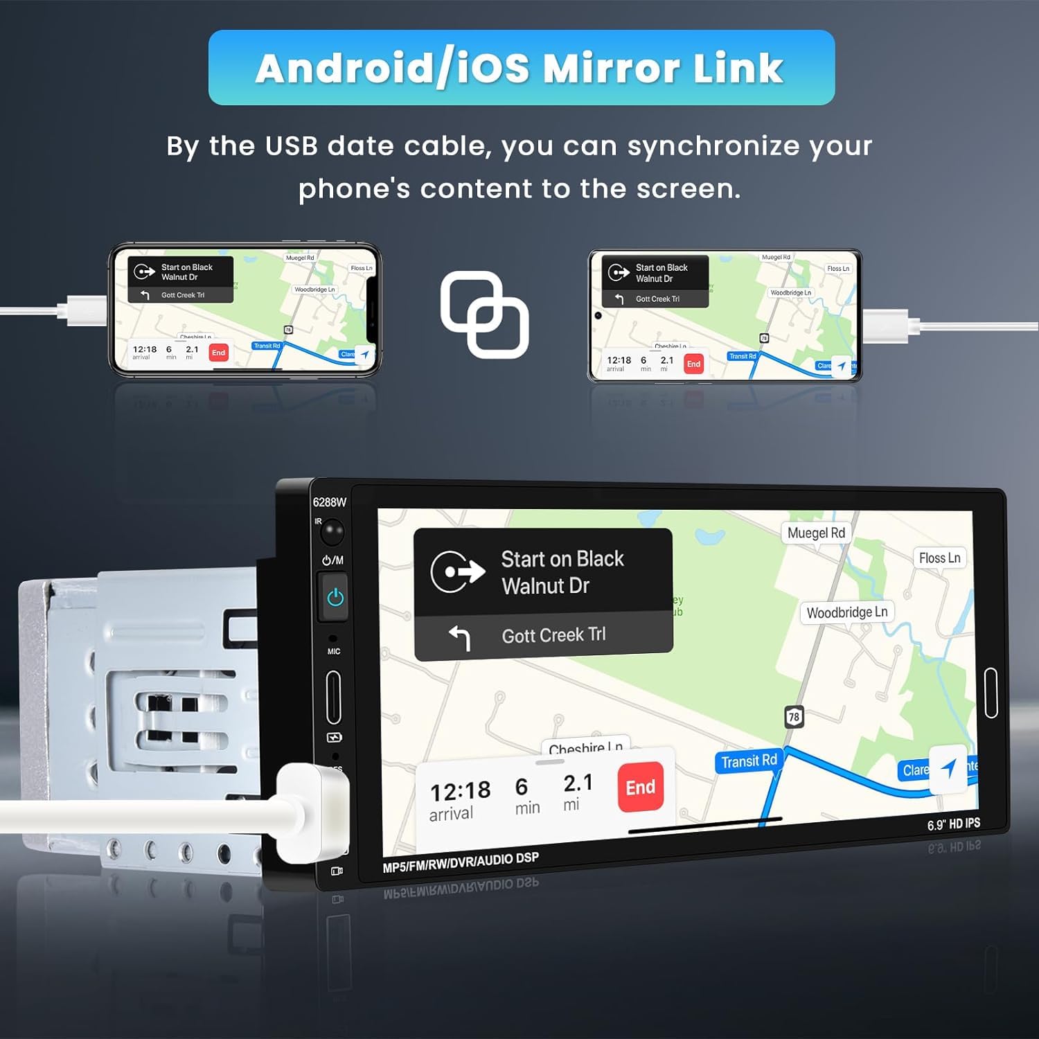 Inefala Radio Coche 1 DIN Pantalla con Wireless Carplay y Android Auto Inalámbrico, 6,9" Pantalla Táctil Autoradio Bluetooth con Mirror Link FM USB Type-C Mic SWC Cámara Trasera — view 3