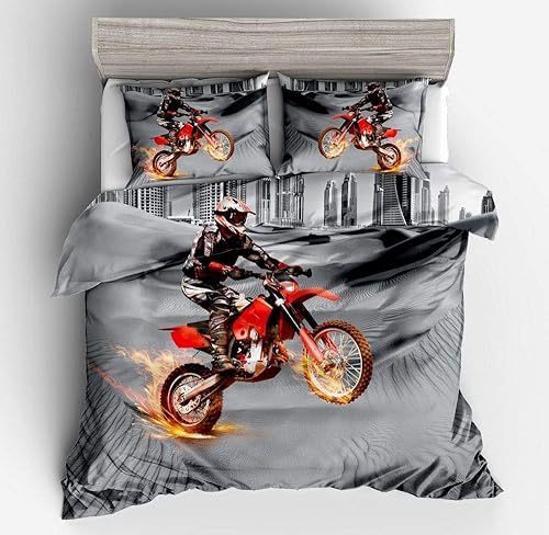 Vichonne Juego de ropa de cama de motocross rojo tamaño Queen, 3 piezas con temática de deportes extremos de motocross, juego de funda de edredón