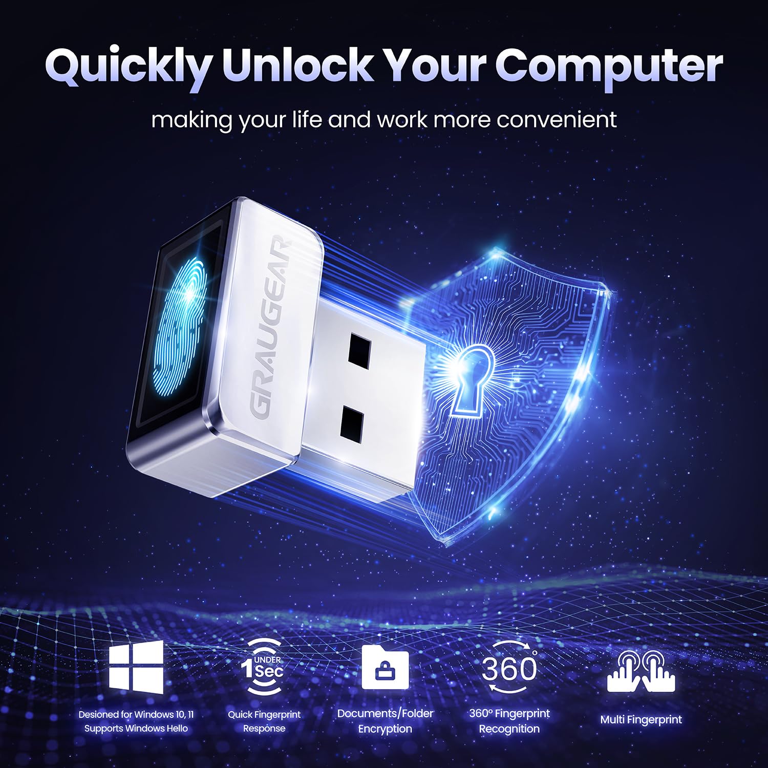 GRAUGEAR Capteur d'empreintes digitales USB pour PC [Keylogger] Fingerprint USB Passkey | Serrure biométrique tactile à 360° pour PC, prend en charge Windows 11 Hello, jusqu'à 10 empreintes par compte utilisateur