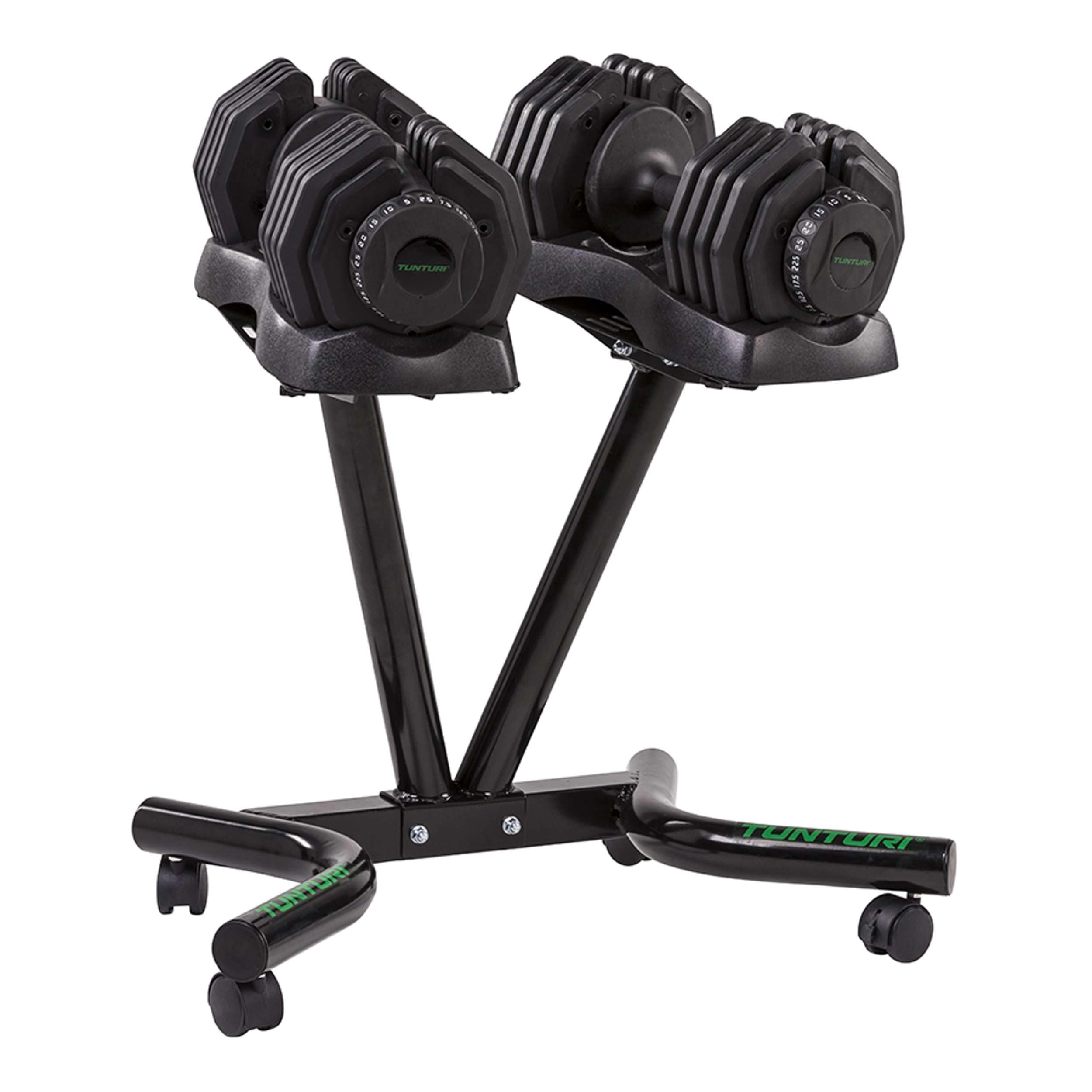 Tunturi Dumbbell Sets Soporte Mancuernas Ajustables, Unisex Adulto, Black, 1 | Dimensiones 70,5 x 52 x 62,2 cm, Peso 12 kg, 4 Ruedas De Transporte, 2 Compartimentos