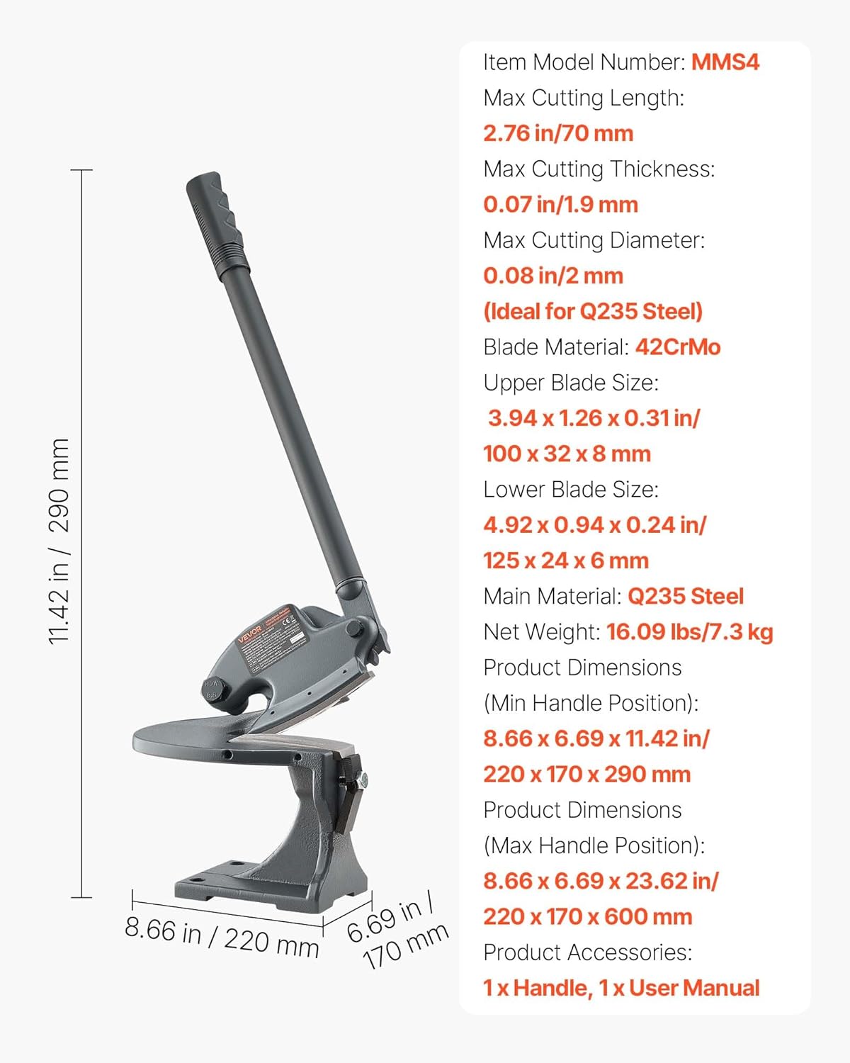 VEVOR Sheet Metal Shear, Manual Hand Shear, Throatless Benchtop Sheet Cutter for Multiple Purpose, with Solid Steel Frame, Mounting Type, Max Cutting Thickness 0.07 in for Steel Copper Rebar Aluminum
