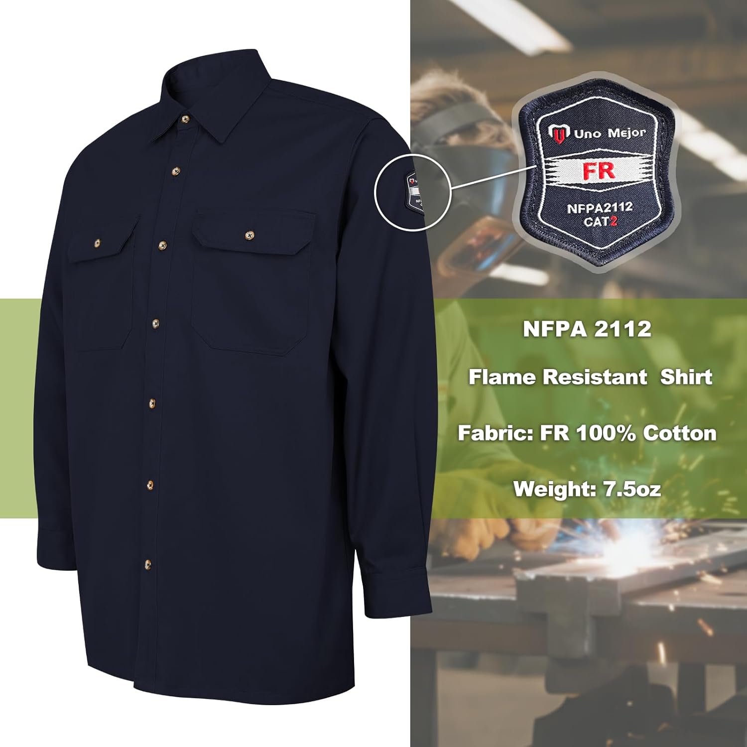 Welding Shirt 7.5oz FR Shirts for Men, 100% C Flame Resistant Welding Jacket for Work, Men's Fire Retardant FR Clothing for Men, Durable Welding Accessories, Meets NFPA2112, Navy-ZRND L - Image 3