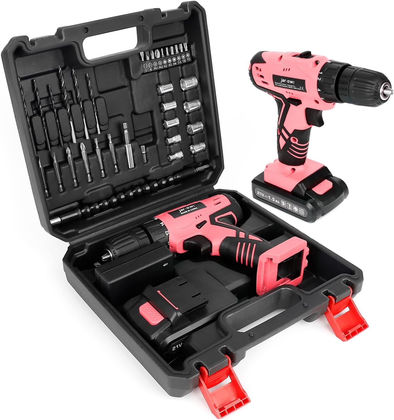 Jar-Owl 21V Pink Cordless Drill Set for Women，350 in-lb Torque, 0-1350RMP Variable Speed, 10MM 3/8'' Keyless Chuck, 18+1 Clutch, 1.5Ah Li-Ion Battery & Charger for Home DIY and Repair - Black & Pink