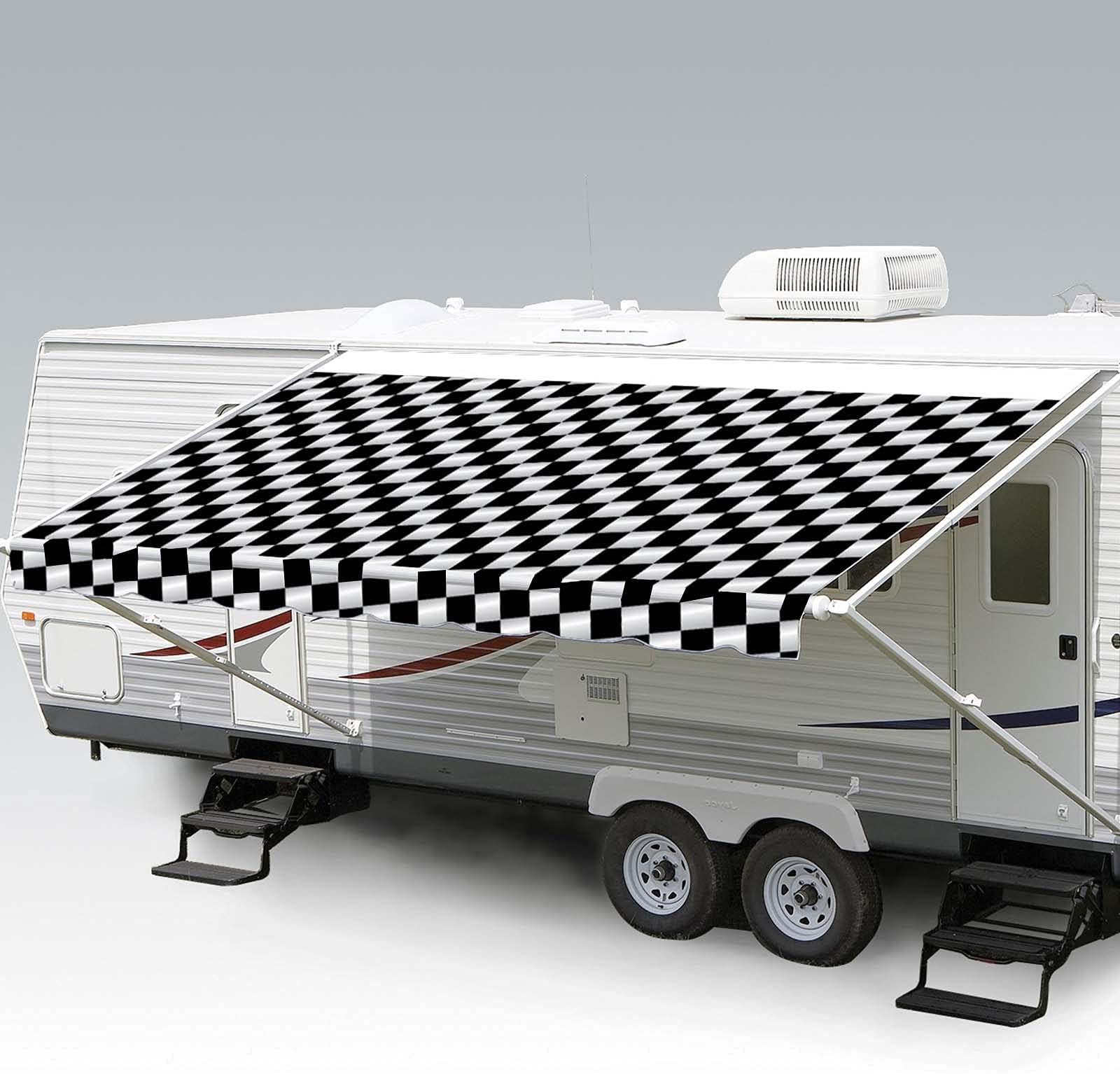 ShadePro - RV Awning Fabric Replacement - Heavy Duty Weatherproof Vinyl - Universal Outdoor Canopy for Camper, Trailer, and Motorhome Awnings - Checkered Flag - 18' (Fabric 17' 2")