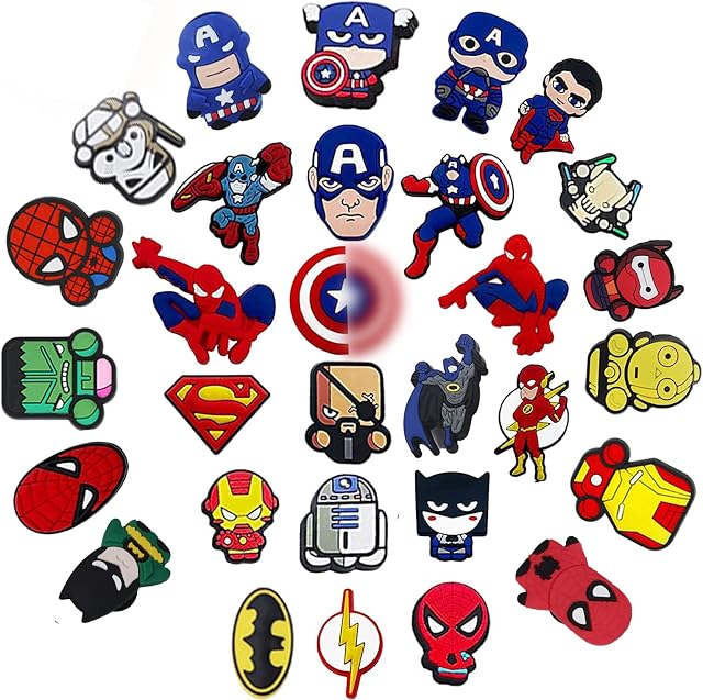 EGEKTBH Shoe Charms, 30 Pcs Superhero Shoe Charms Decoration for Clog Charms and Wristband, Cute Clog Pins Accessories for Girls Women Kids and Men