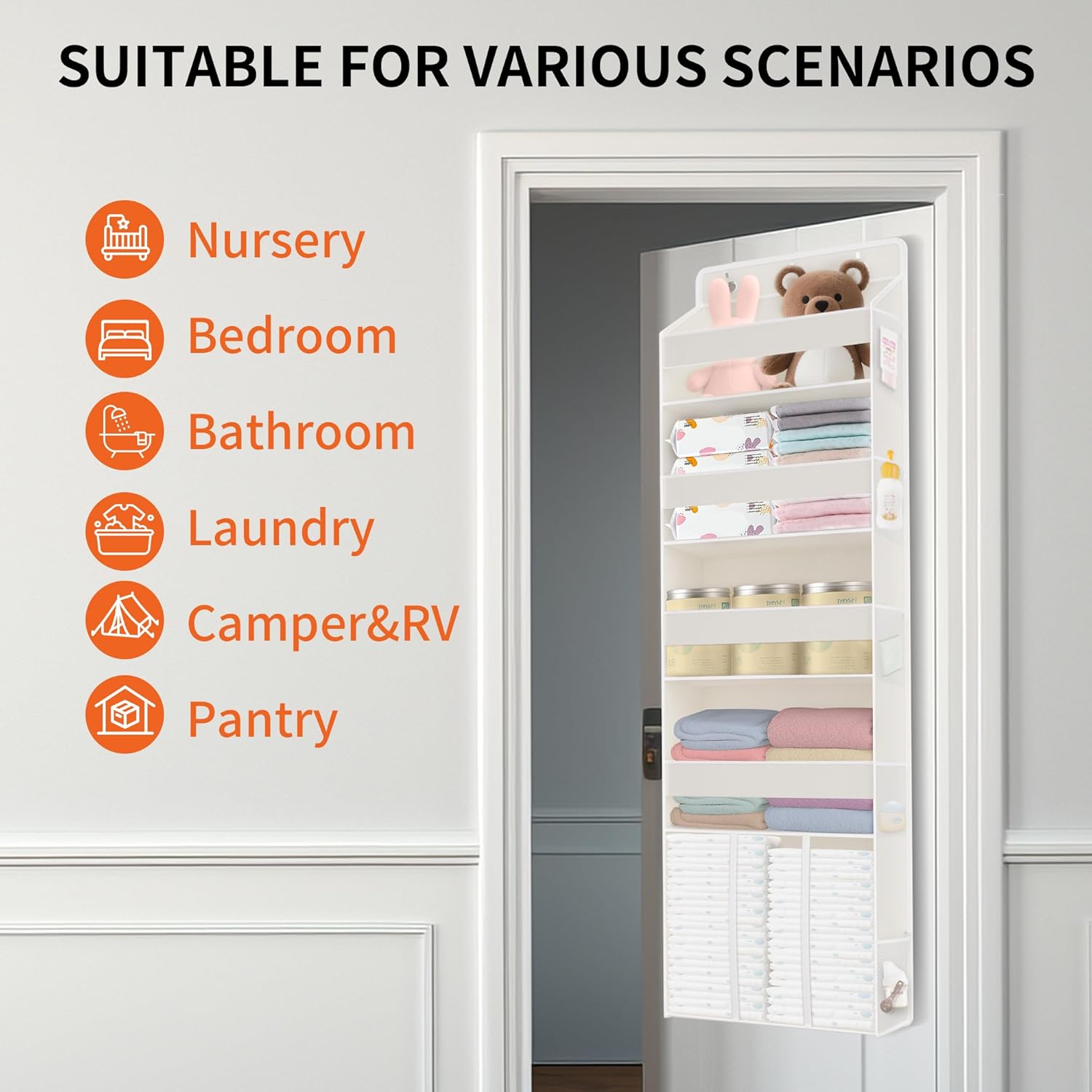 5-Tier Over The Door Organizer with 10 Mesh Pockets | Large Capacity Hanging Closet Storage for Baby Diapers, Toys, Nursery& Newborn Essentials (Beige) - Image 6