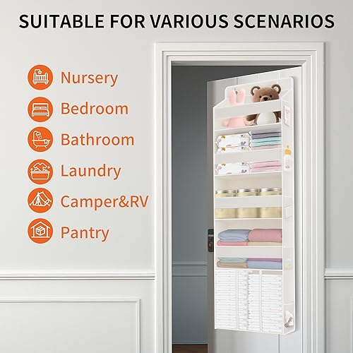 Miniatura 6 de 1 organizador de pañales para colgar sobre la puerta con 1 organizador de gran capacidad, 4 estantes y 10 bolsillos laterales de malla, organizador