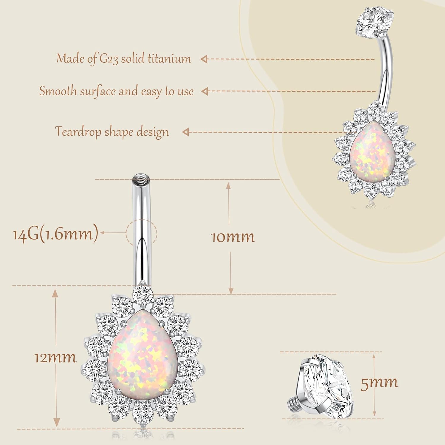 AROWRO Gold Belly Button Ring G23 Titanium Hypoallergenic 14G belly ring for Women Men Teardrop Navel Piercing Jewelry 10mm Barbell With Cubic Zircon - Image 6