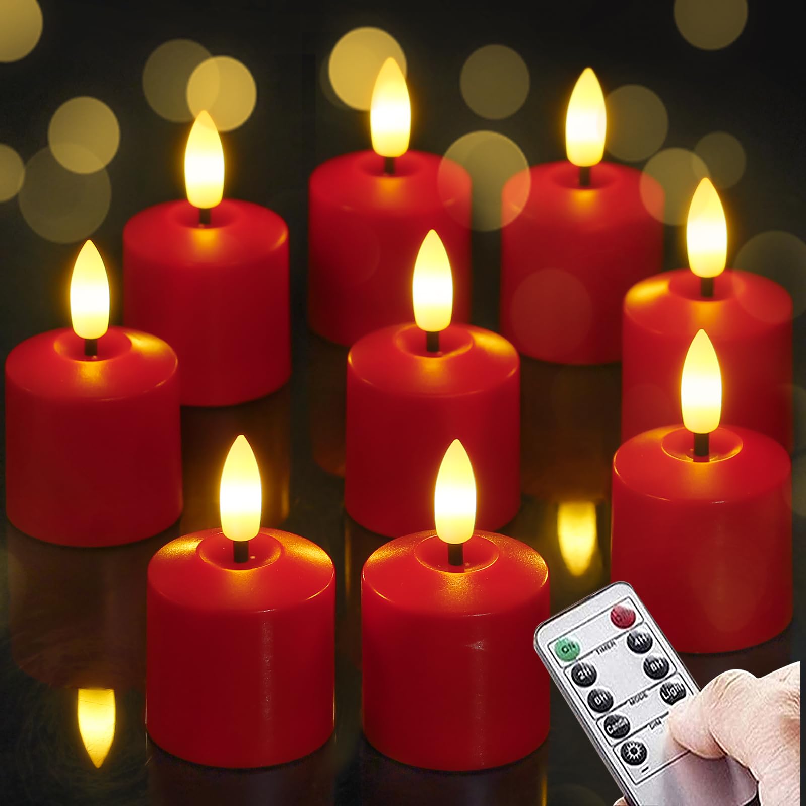 Mavandes Kleine flackernde Teelichter LED-Kerzen mit Batterien und Fernbedienung 4cm x 6,5cm Rot 2/4/6/8 Std. Timerfunktion batteriebetrieben Kunststoffkerzen langlebig Packung mit 9 Stück