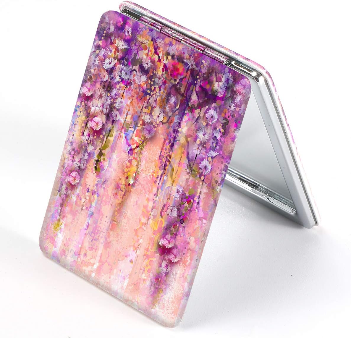 Dynippy Compact Mirror Square Pu Leather Makeup Mirror for Purses Small Pocket Mirror Portable Hand Mirror Double-Sided with 2 x 1x Magnification for Woman Mother Kids Great Gift - Flower