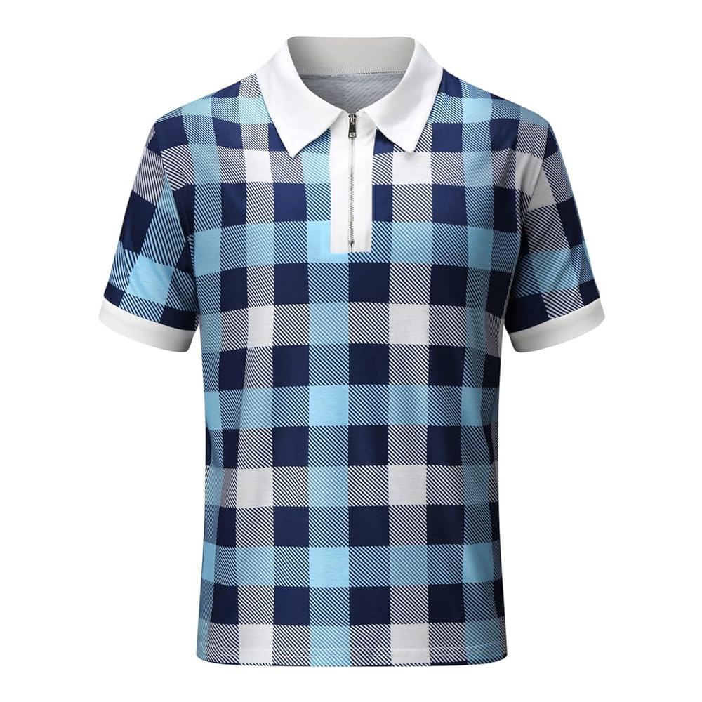 Men's Plaid Print Polo Shirts Short Sleeve T-Shirts V-Neck